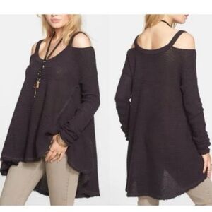 Free People Moonshine Cold Shoulder Charcoal Waffle Knit Sweater Size S Cotton